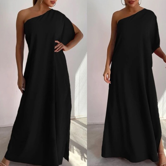 Luxe black batwing sleeve one shoulder asymmetrical neck maxi dress - Picture 1 of 15